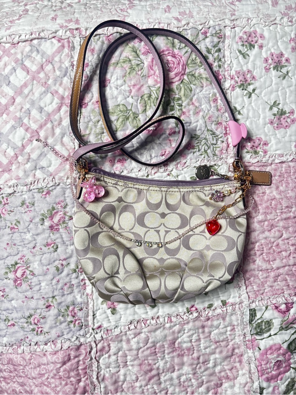 Coach Signature Crossbody Bag in Beige with Pink Accents